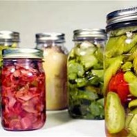 quart jars of pickled vegetables and fruits