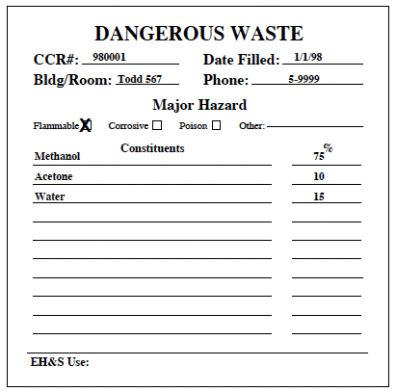 Example of a properly completed Dangerous Waste Label