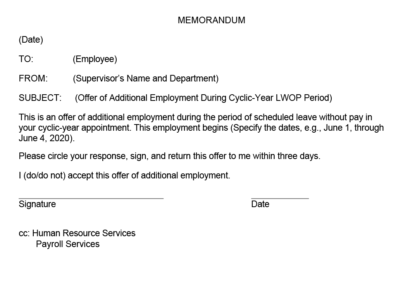 Example of memorandum for offer of additional employment during cyclic-year LWOP period