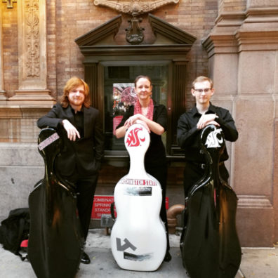 musicians with cello cases