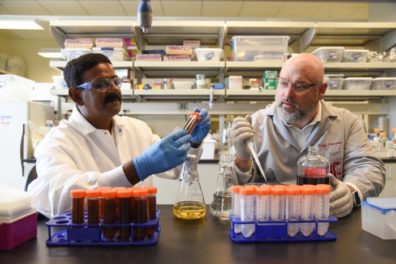 Student and researcher in laboratory.