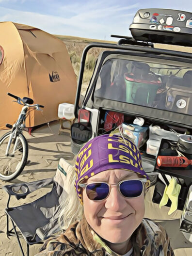 Tent, Jeep, outdoors gear and Michelle.