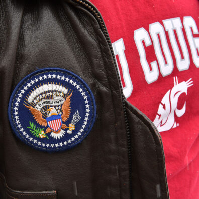 The official seal of the United States patch sewn onto a leather jacket.