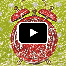 cartoon alarm clock in background, play button in foreground