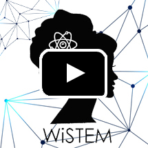 woman's silhouette with atom in hair, text WiSTEM in background, play button in foreground
