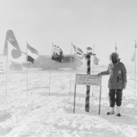 Dagmar Cronn poses at the South Pole.