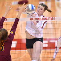 Claire Martin spikes the ball during a WSU volleyball match against Arizona State. Photo credit: Washington State University Athletic Communications.