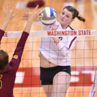 Claire Martin spikes the ball during a WSU volleyball match against Arizona State. Photo credit: Washington State University Athletic Communications.
