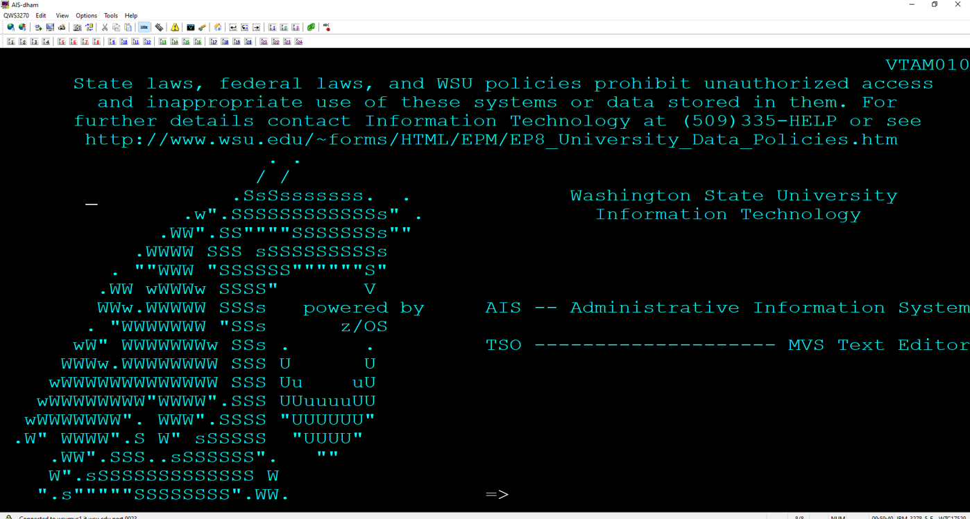 A black screen with green letters. The letters W, S, and U make up the shape of a cougar head - the Washington State University logo.