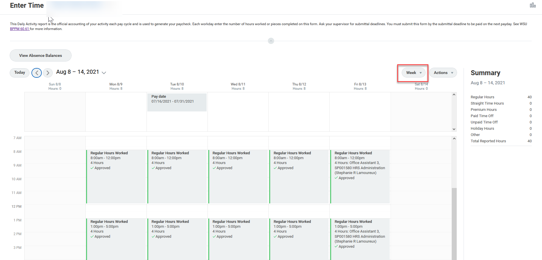 A screenshot of the default weekly Time Calendar view.