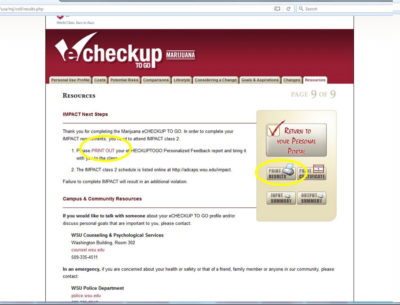 screenshot showing eCHECKUP webpage with link print results circled, do not use