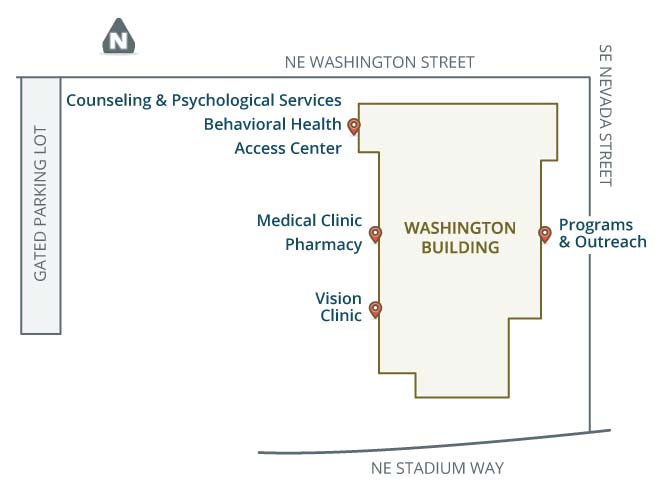 Map of the WSU Washington Building, at the intersection of NE Washington Street and SE Nevada Street.