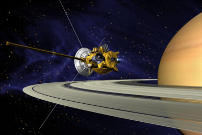 A simulated picture of the Cassini orbiting Saturn