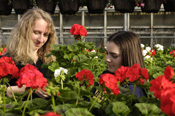 Horticulture Terresa Koenig working in the Wilson Road greenhouse with a student