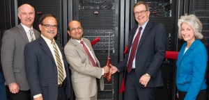 Partners in bringing the Kamiak computer to WSU are represented at a recent ribbon cutting by Arts and Sciences Dean Daryll DeWald, left, Interim President Dan Bernardo, Vice President for Information Technology Services Sasi Pillay, Vice President for Research Chris Keane and CAHNRS Acting Dean Kimberlee Kidwell.