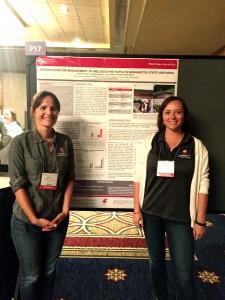 Professor of Horticulture, Michelle Moyer (left) and Katherine East, graduate student, pose next to East's poster presentation at the ASEV National Conference in Monterey, Calif.