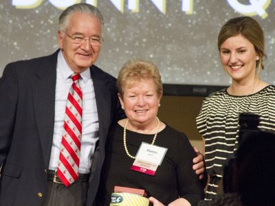 Bunny Quirk, center, shares a testimonial with her scholarship recipient, Rylee Suhadolnik, joined by Dean Ron Mittelhammer, left, at CAHNRS Honors.