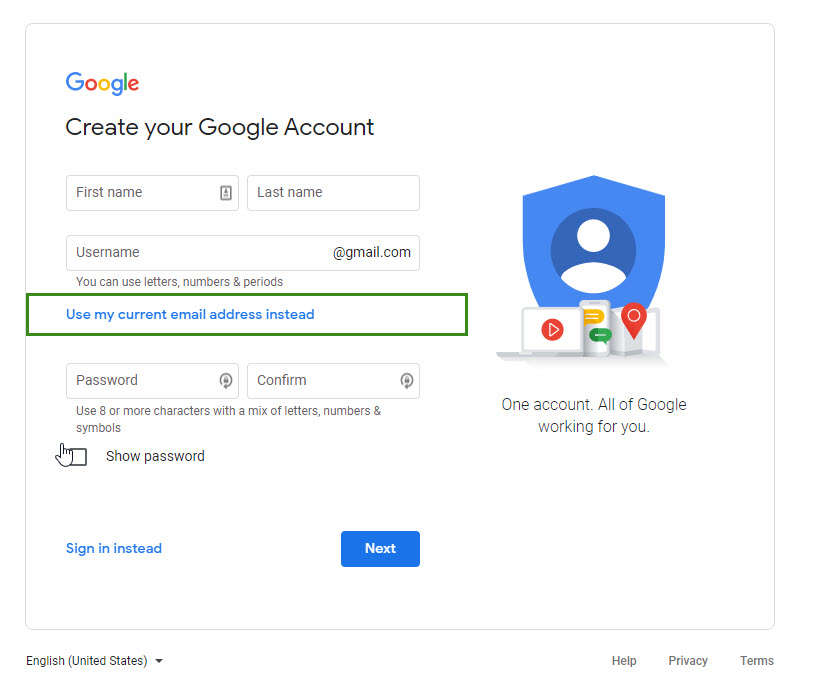 A screen capture of the 'Create your Google Account' sign up page.
