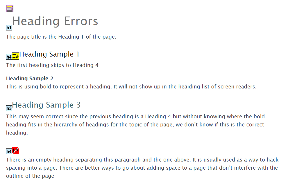 screen capture of the webpage using WebAIM Wave Evaluation Tool showing the heading levels with errors.
