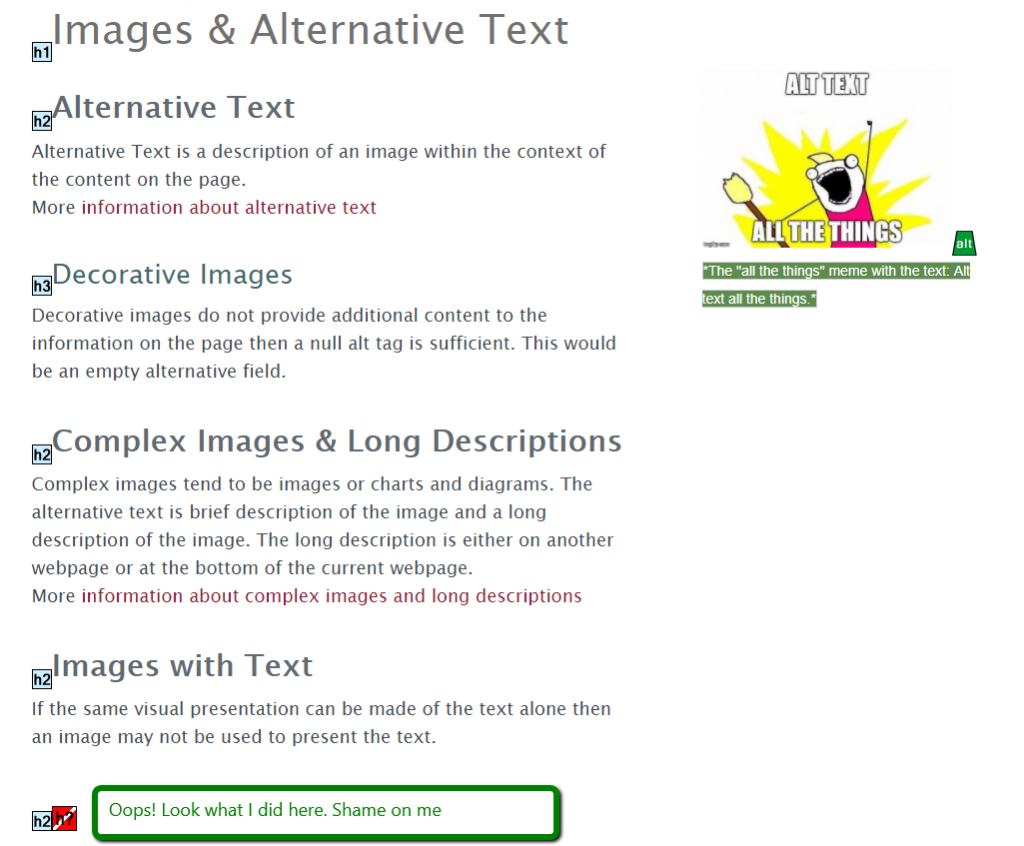 screen capture of the webpage using WebAIM Wave Evaluation Tool with the alternative text marked.