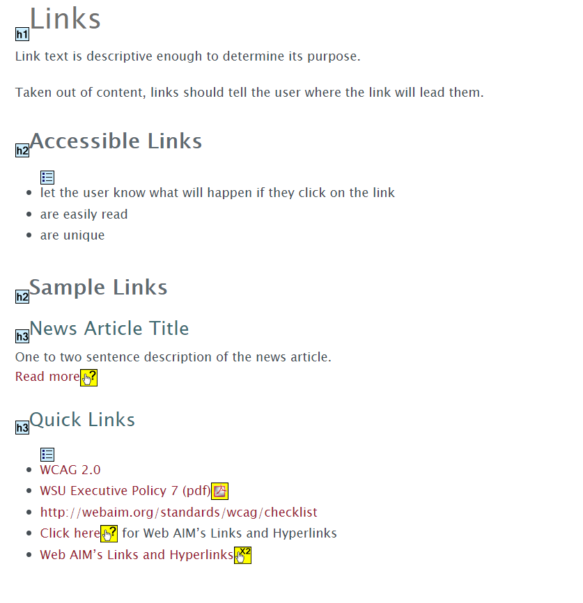 screen capture of the webpage using WebAIM Wave Evaluation Tool showing the missing Heading 1 and no other headings.