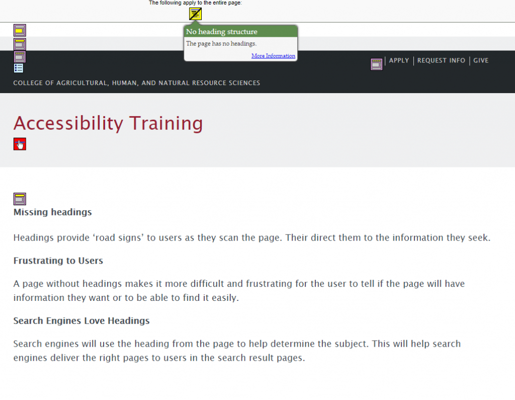 screen capture of the webpage using WebAIM Wave Evaluation Tool showing the missing Heading 1 and no other headings.