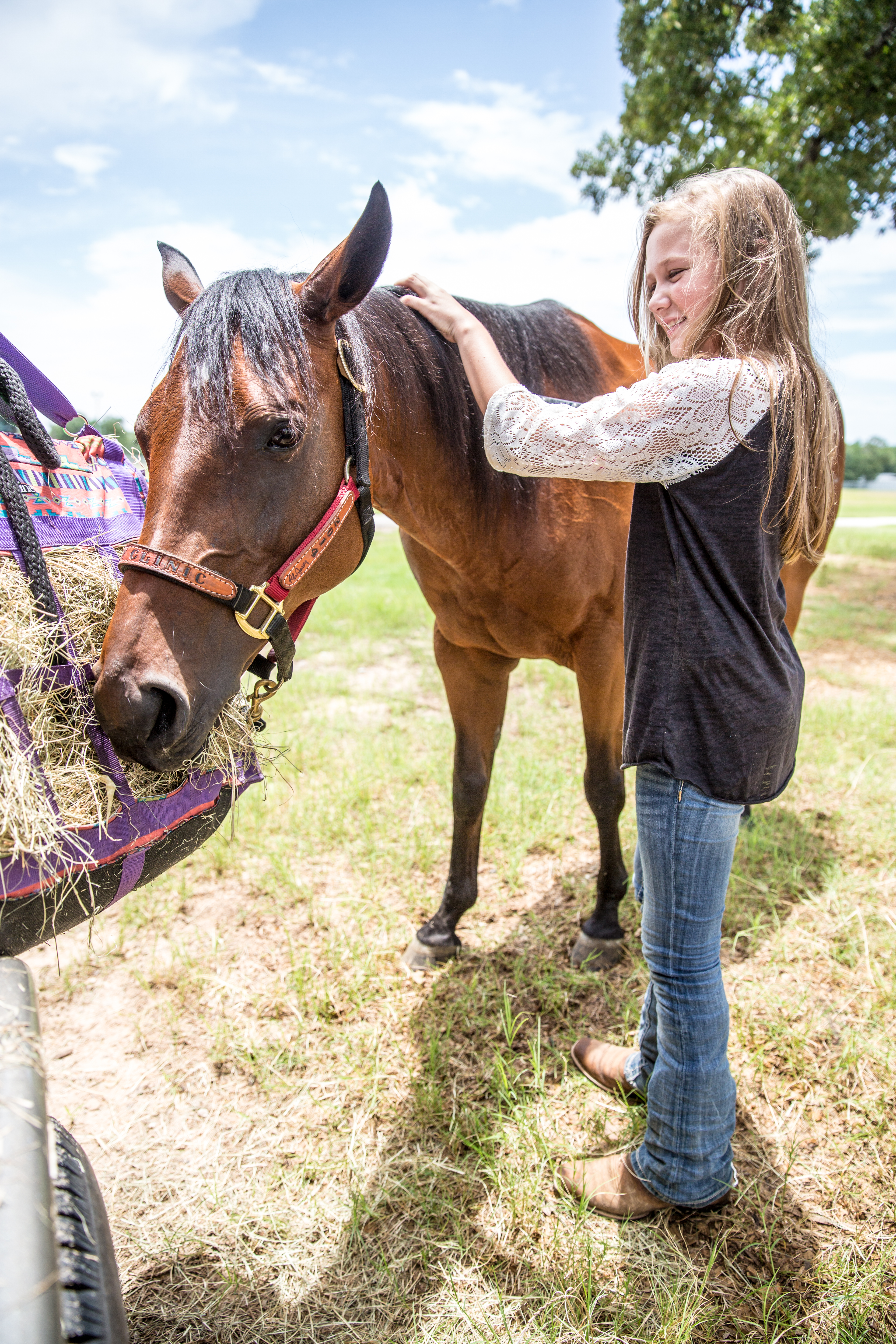 4-H member caring for her horse.