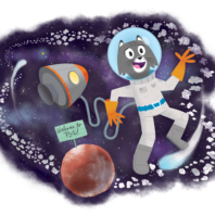illustrated cartoon gray cat, Dr. Universe, wearing an astronaut suit in space with Pluto in the background with a sign, "Welcome to Pluto"