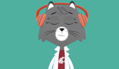 A drawing of Dr. Universe, a gray cat wearing a crimson WSU tshirt and white lab coat, listening to orange headphones with their eyes closed