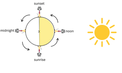 A diagram showing the Earth and sun with cats positioned at sunset, midnight, sunrise and noon.
