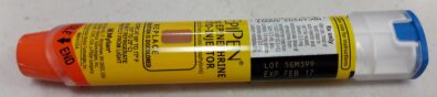 An autoinjector for epinephrine lying on its side. It's mostly ... <a href=