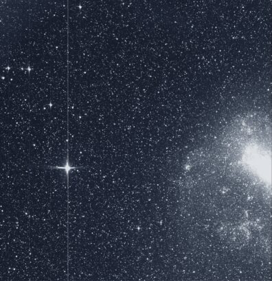 One of the first photos to come back from TESS in 2018, showing a field of stars and a galaxy on the right