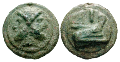 Two greensish bronze coins with indistinguishable engravings, showing front and back of the same coin