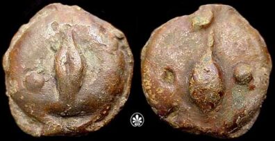 Two brown bronze coins with lumpy engravings, showing both sides of the same coin