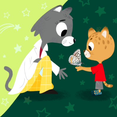 Dr. Universe, a gray cat wearing a lab coat and yellow pants, kneels down to see a butterfly in the hands of an anthropomorphic cougar cub wearing a red shirt, shorts, and sandals