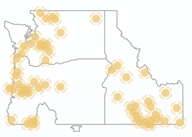 A white map outlining Washington, Oregon, and Idaho. Yellow dots clustering along the west coast and in mostly SE portions of Idaho indicate butterfly monitoring sites.