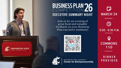 Speaker at a podium with a Washington State University placard presenting beside event details for the Business Plan Competition 26 Executive Summary Night, including date, time, location, and a QR code.