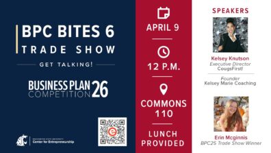 BPC Bites 6 Trade Show graphic listing April 9, 12 p.m., Commons 110, speakers, and Business Plan Competition 26 branding.