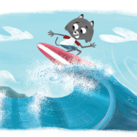 Dr. Universe surfing on an ocean wave
