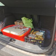 trunk of car holding plastic totes with food