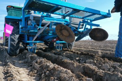 A picture of adjustable hilling discs on a small plot potato planter.