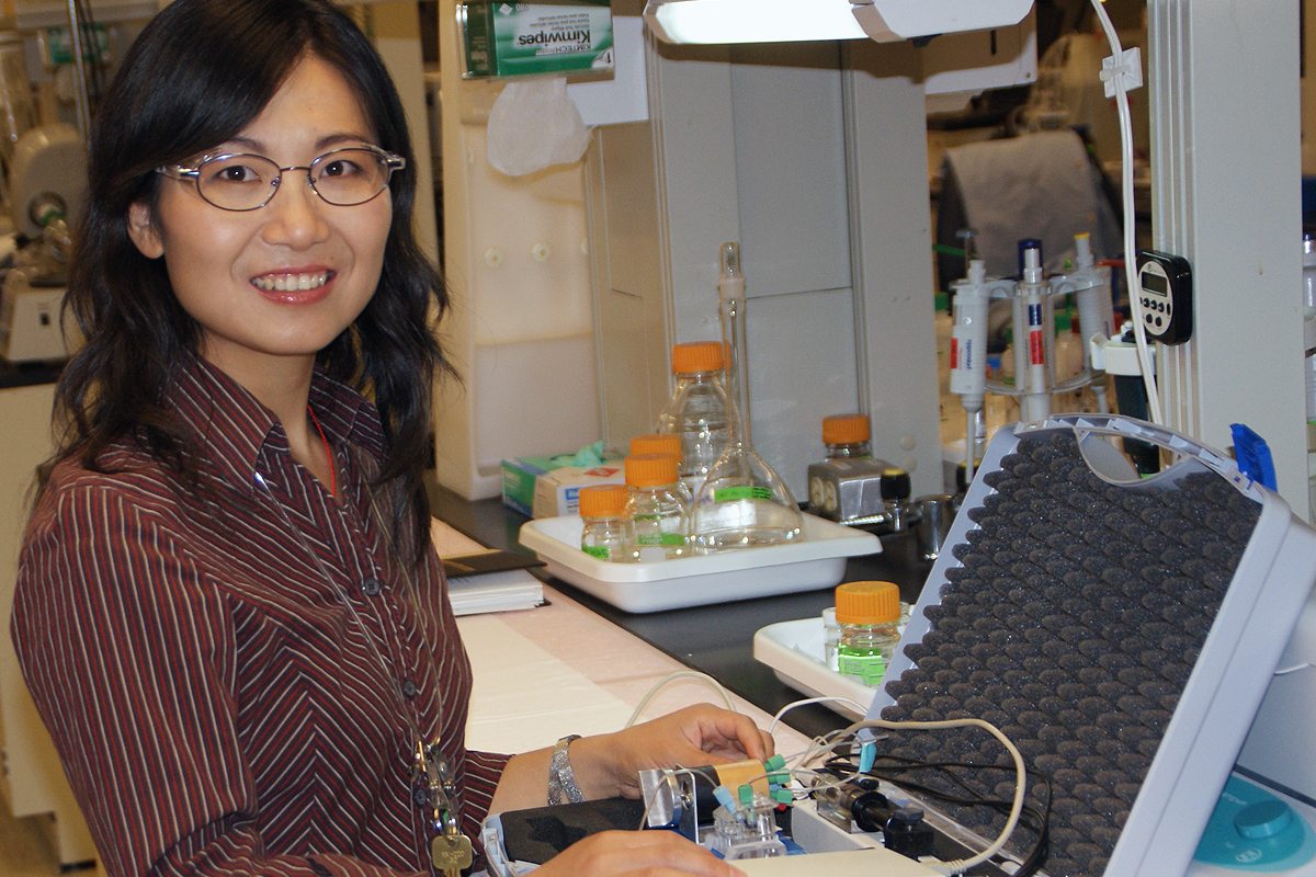 Annie Du in profile while handling a wire on a mechanical and materials engineering project