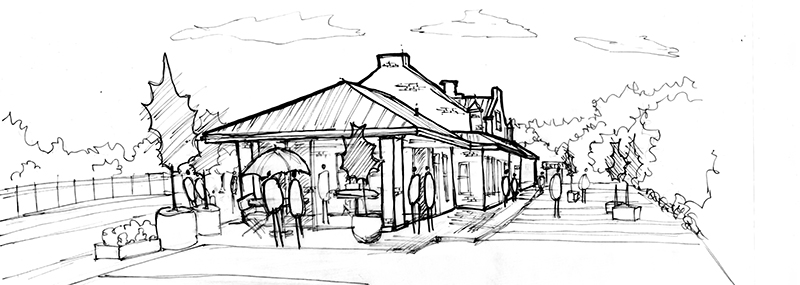 Sketch of depot with tables, chairs, umbrella and plants outside.