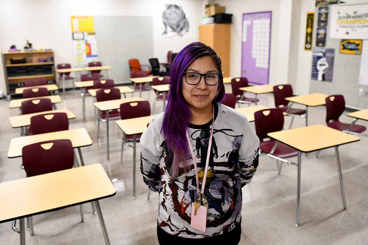 Closeup of Esfeidy Guzman in a classroom.