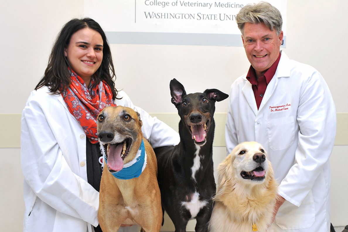 Researchers Stephanie Martinez and Michael Court pose with their dogs.