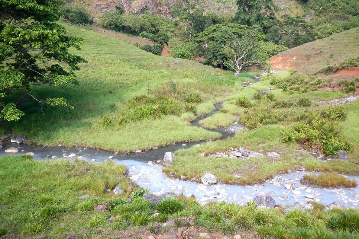 A stream viewed from above where half of the water is lighter due to hydrogen sulfide.