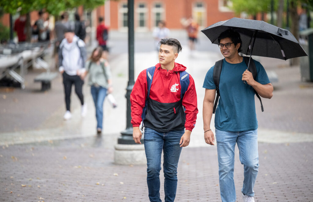Two students, one with an umbrella, walking on the WSU Pullman campus.