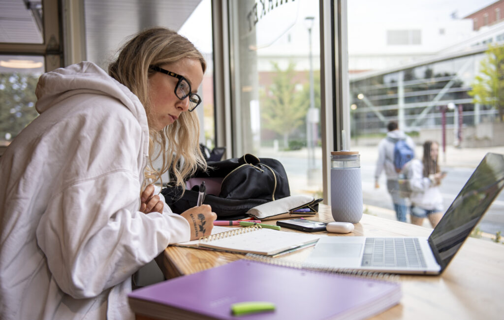 A student working on their laptop in a building on the WSU Pullman campus.