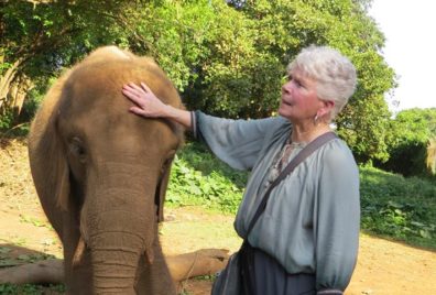 Dr. Anita Hunter pets an elephant at an animal sanctuary in Uganda.