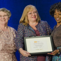 The WSU College of Nursing and one of its faculty were honored by the National League for Nursing (NLN) in a ceremony on Saturday, Sept. 16, 2017. Left to right: Renee Hoeksel, Executive Associate Dean; Joyce Griffin-Sobel, Dean and Professor; and Rumay Alexander, NLN President.
